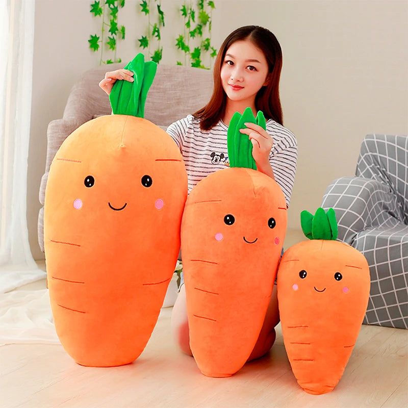 Woman holding three large carrot-shaped kawaii plush toys in a living room.
