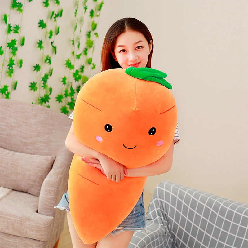 Person holding a kawaii plush apricot toy in a living room setting