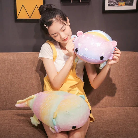 Woman holding a large, colorful kawaii plush toy in a living room setting.