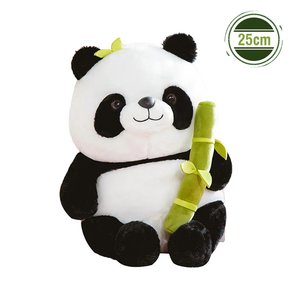 Plush kawaii panda toy holding a bamboo stick with a size label on a white background