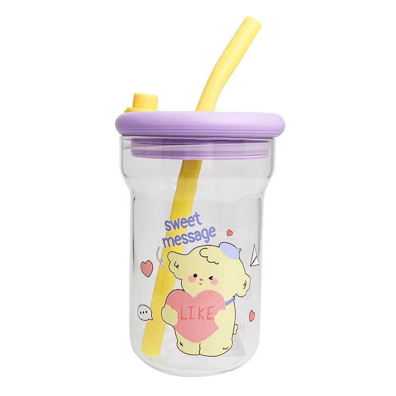 Clear tumbler with purple lid and yellow straw featuring a Kawaii cartoon character and text on a white background