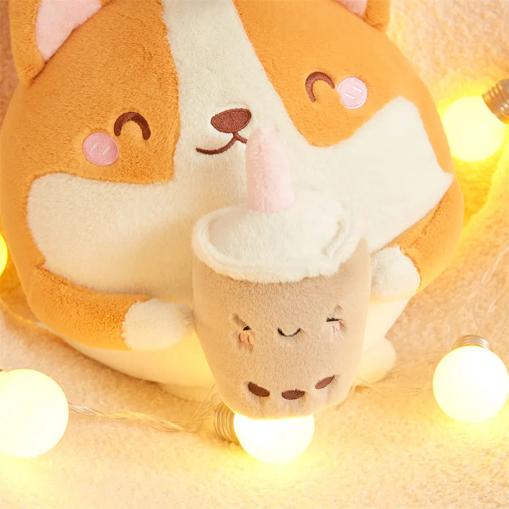 Two plush kawaii toys resembling corgis with a heart on a soft background with lights.