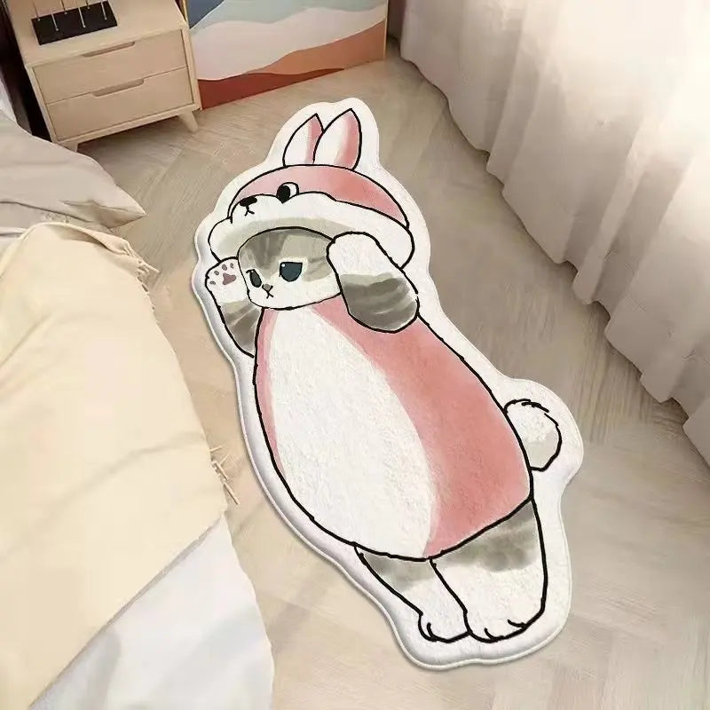 Cartoon kawaii bunny-shaped mat on a bed in a bedroom setting