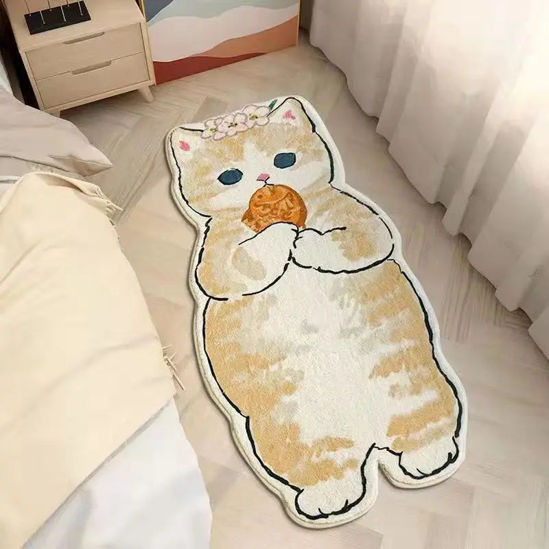 Kawaii cat-shaped rug on a bed with a cartoon design