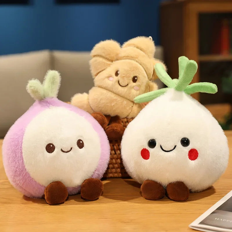 Two kawaii plush toys resembling onions on a wooden surface with a blurred background