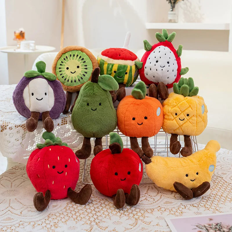 Plush kawaii toys shaped like fruits and vegetables on a decorative surface.