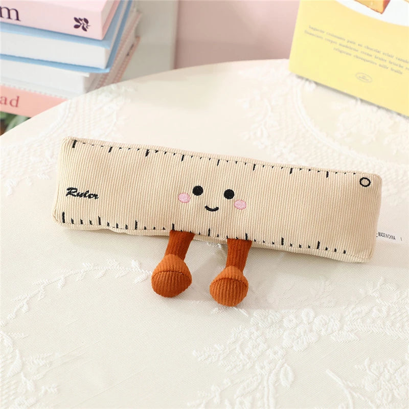 Cute ruler with kawaii cartoon face and legs on a white surface