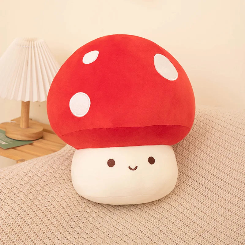 Cute kawaii mushroom-shaped pillow with a smiling face on a beige surface