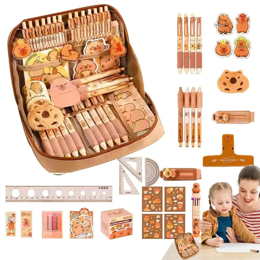 Stationery set with pens, markers, and other office supplies in a brown kawaii case on a white background.