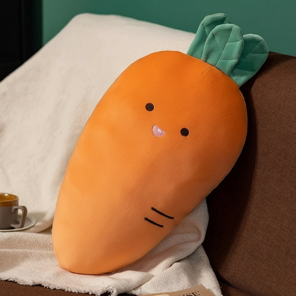 Carrot-shaped kawaii plush pillow with a face on a couch next to a cup of coffee.