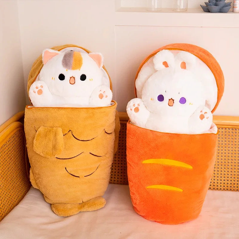Two plush kawaii toys shaped like cats in carrot and fish baskets on a light background