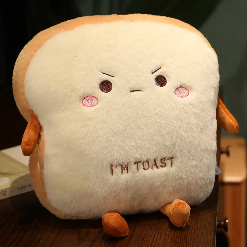 Plush kawaii toy shaped like a piece of bread with a face and 'I'm Toast' text on a wooden surface.
