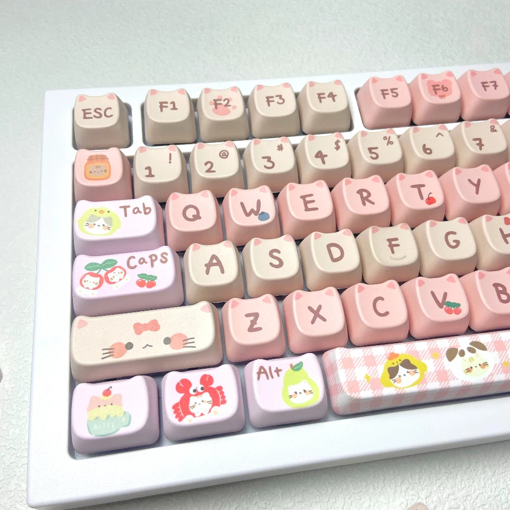 Keyboard with Kawaii keycaps featuring cartoon designs on a light gray background