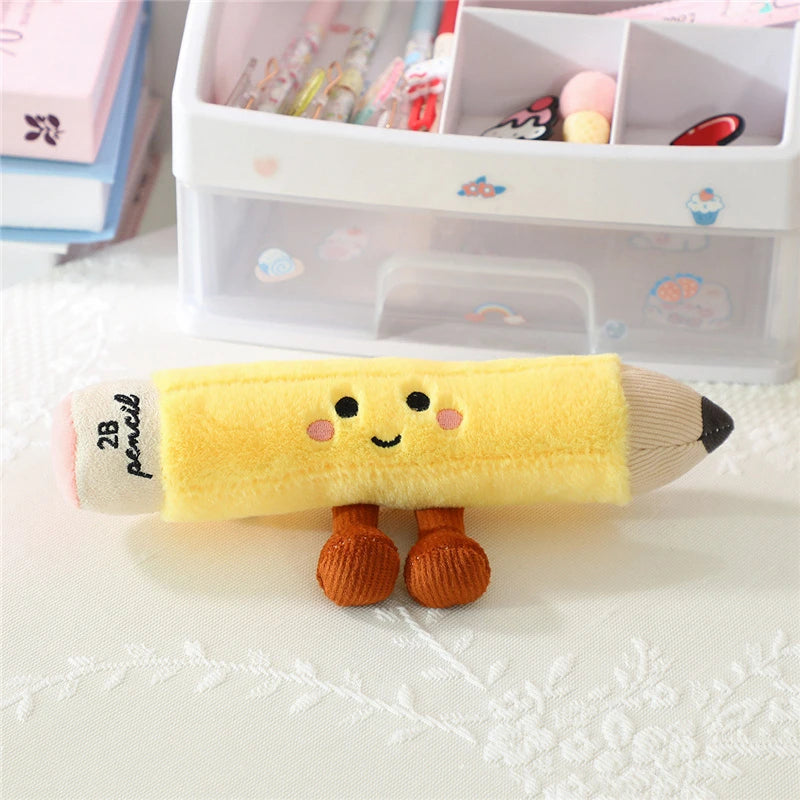 Kawaii plush toy shaped like a pencil with a face on a white surface