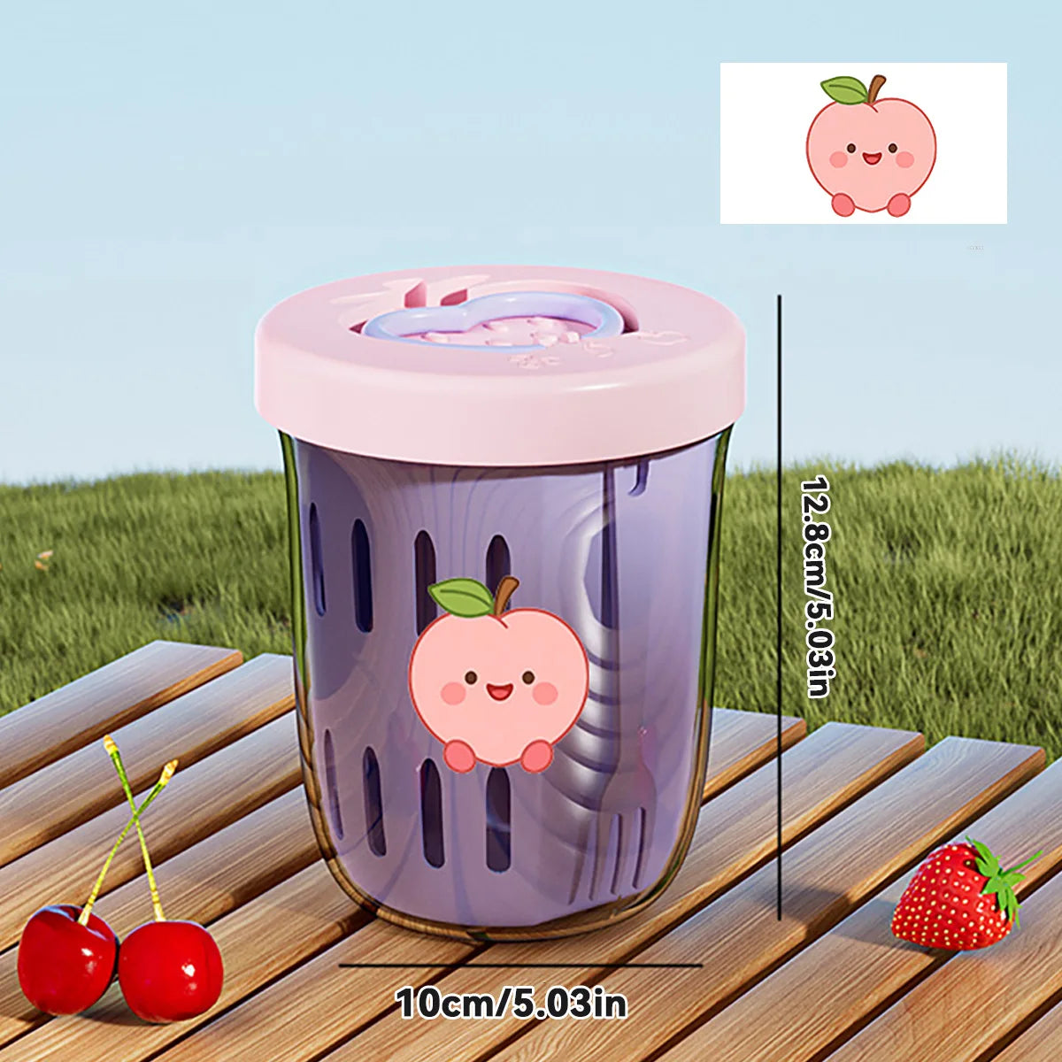 Children's tumbler with Kawaii peach design on a wooden surface with grass and sky in the background