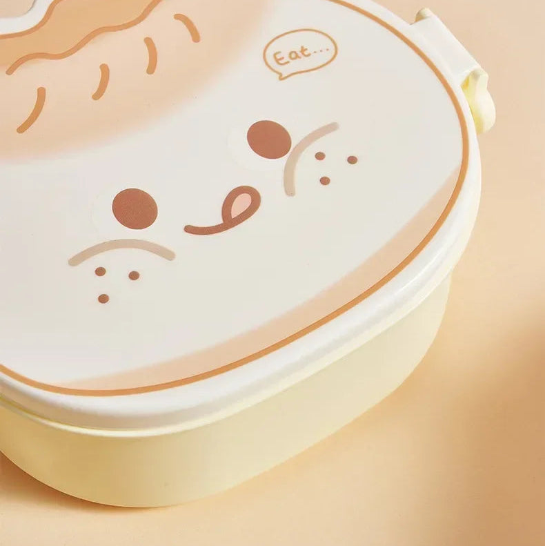 Round kawaii bento box with a face design on a beige background