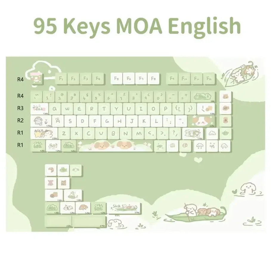 Keyboard layout with Kawaii cartoon characters on a green background