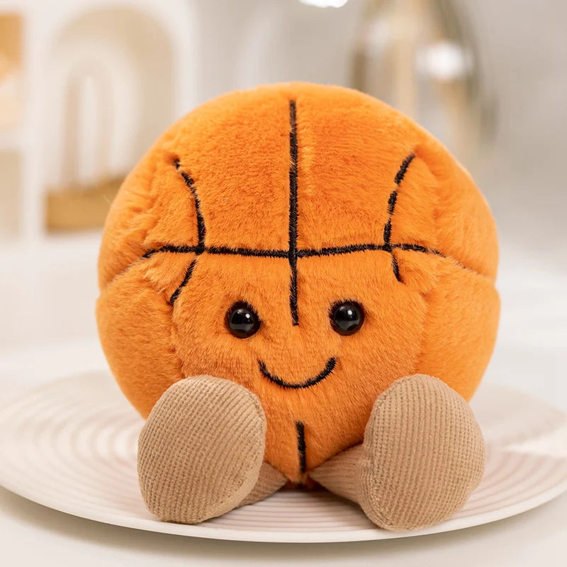 Plush kawaii toy basketball with a face on a white plate