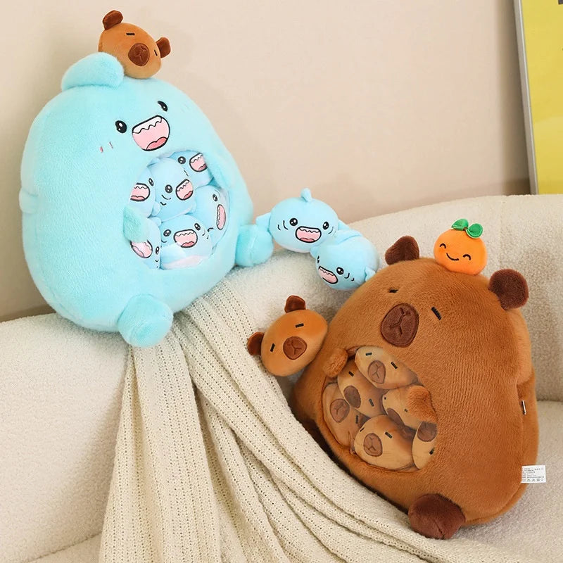 Kawaii plush toys on a couch with a neutral background