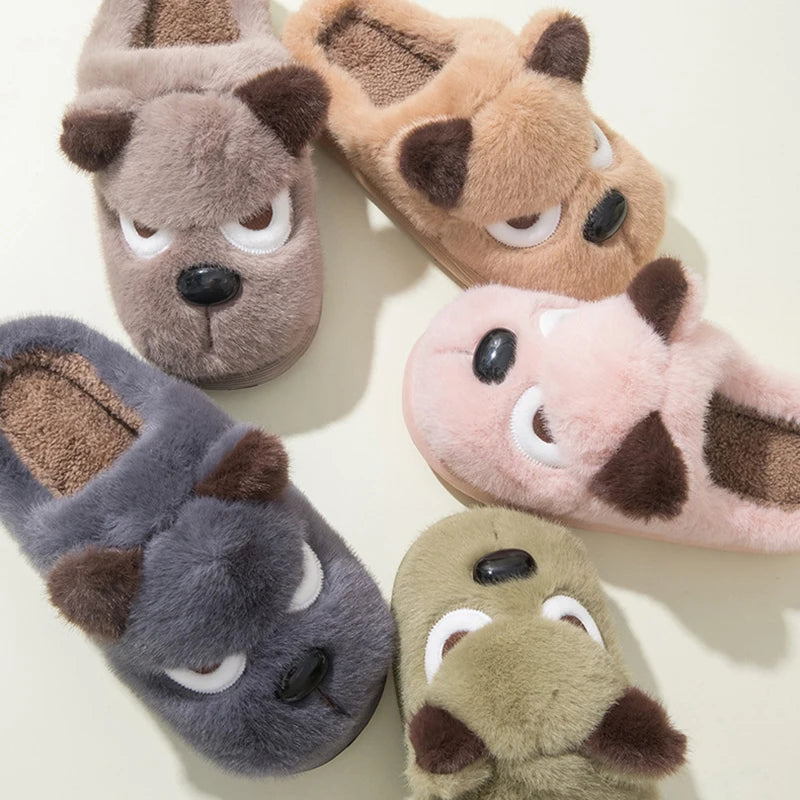 Set of kawaii animal-themed slippers including a dog, cow, and hippo design on a light background.