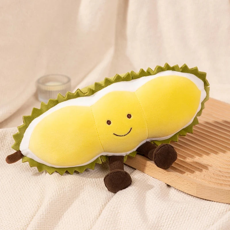 Plush kawaii toy resembling a durian fruit with a smiling face on a beige background