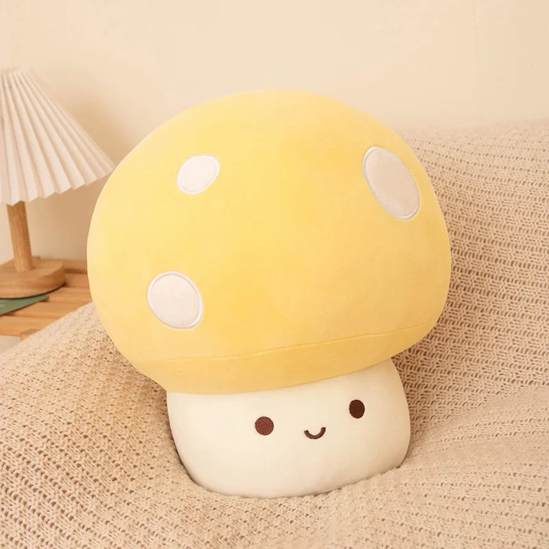 Cute plush mushroom kawaii toy with a smiling face on a textured surface