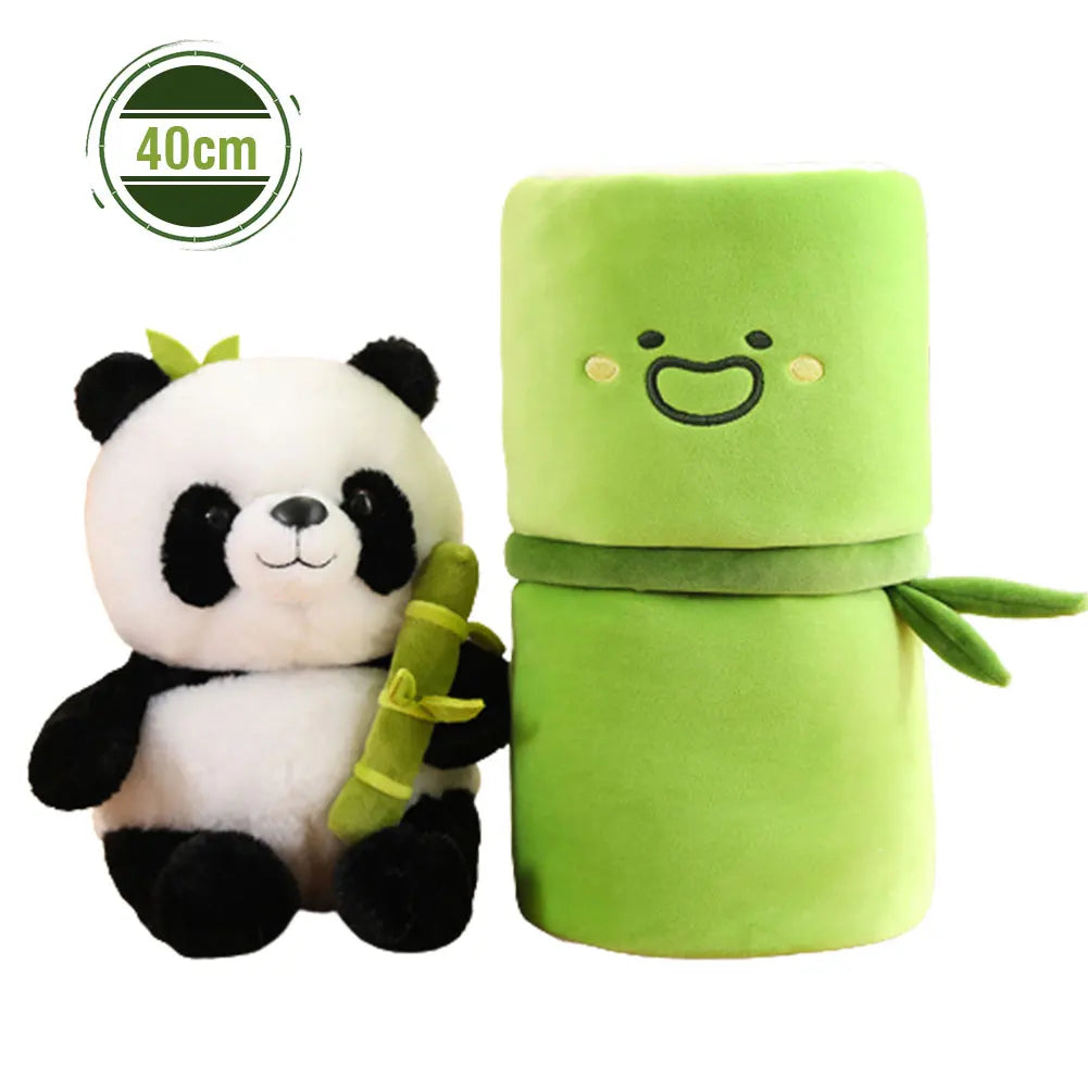 Plush kawaii panda toy with a green bamboo plush toy on a white background