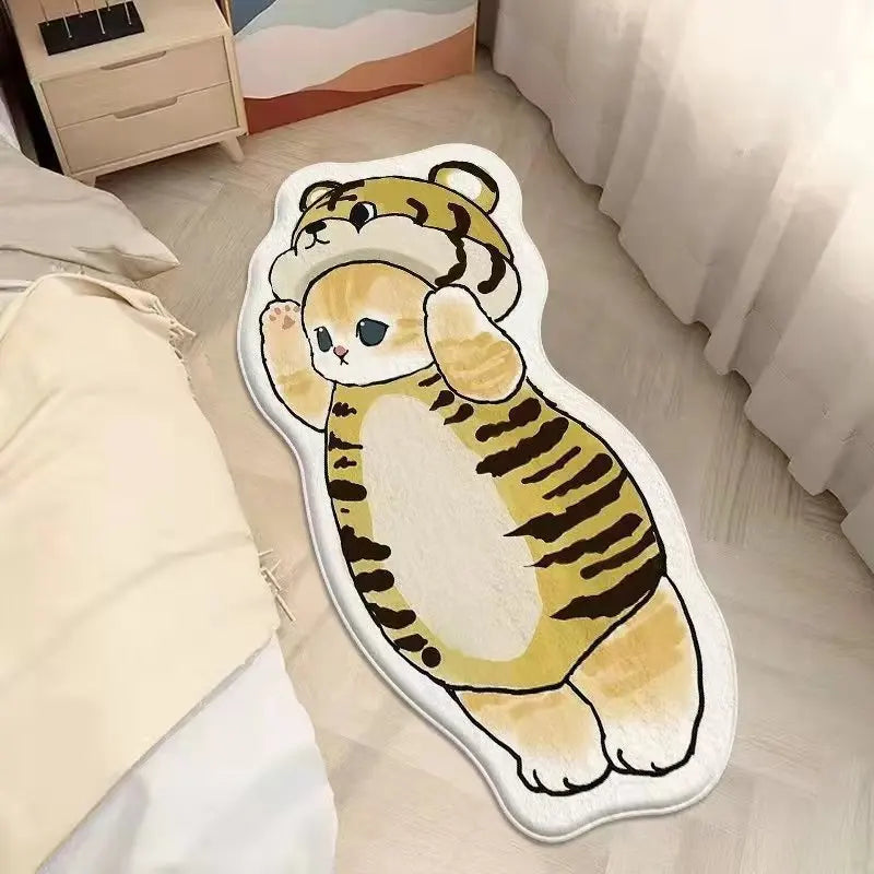 Cute kawaii tiger-shaped rug on a bed in a bedroom setting