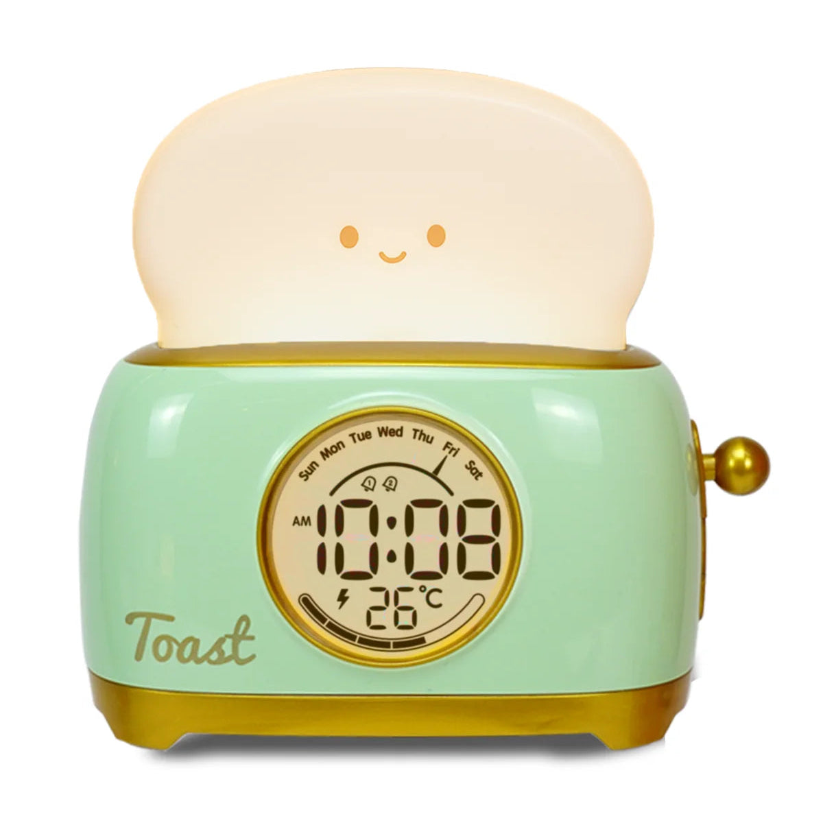 Toy Kawaii toaster with a smiling bread slice on top against a white background