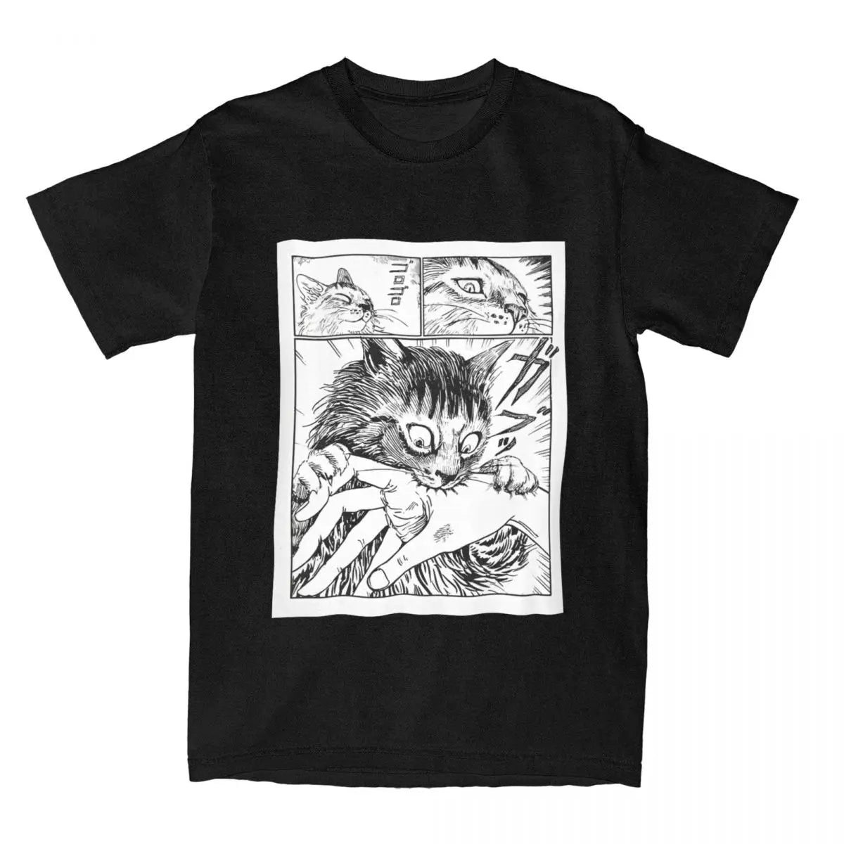 Black t-shirt with a graphic of a kawaii cat and comic-style layout on a white background
