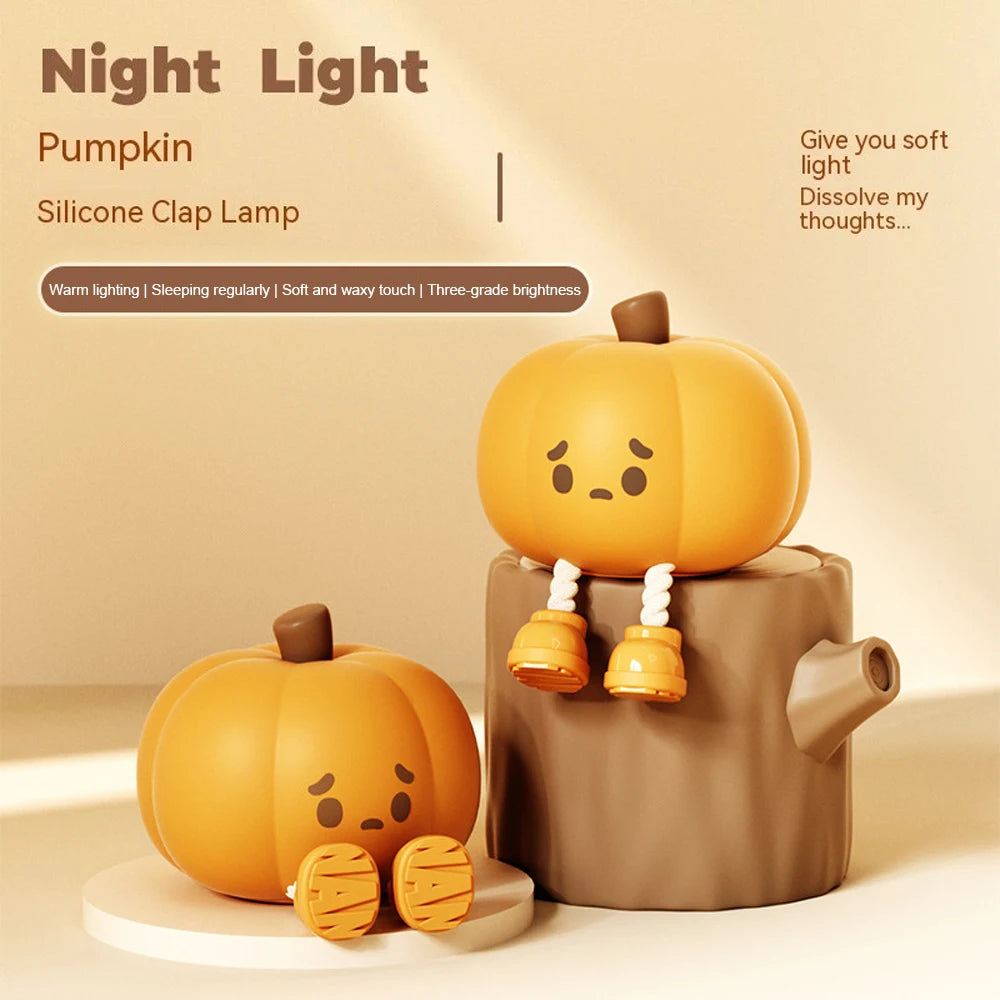 Kawaii pumpkin-shaped night light with a smiling face on a beige background