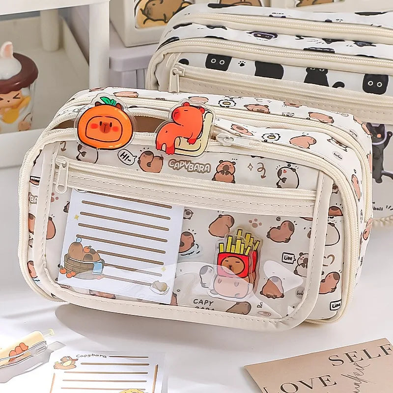 Cosmetic bag with kawaii cartoon character design on a white surface