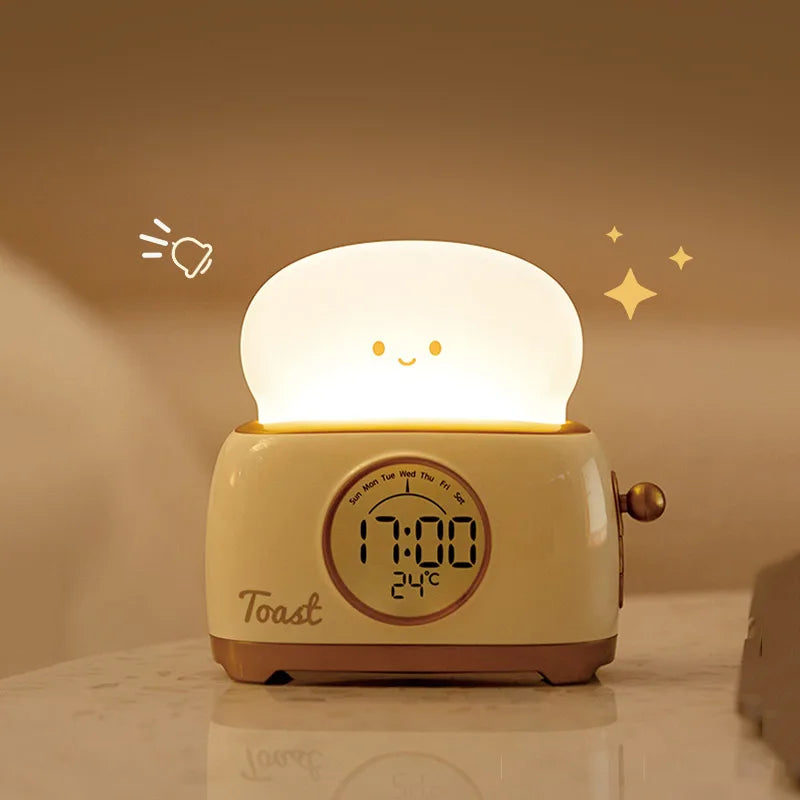 Kawaii Toy toaster with a glowing face on a beige background