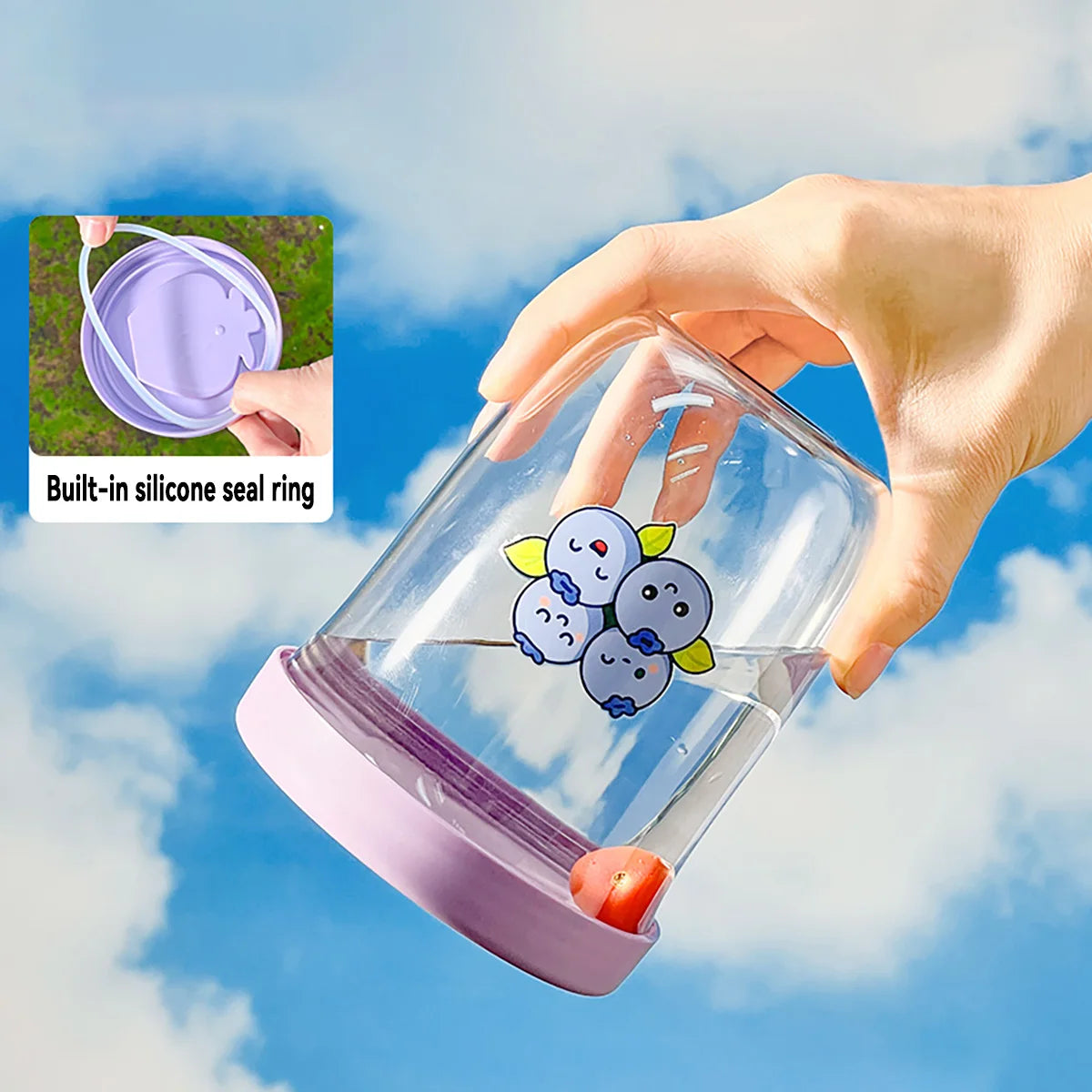 Glass jar with pink lid and cartoon Kawaii design against a blue sky background