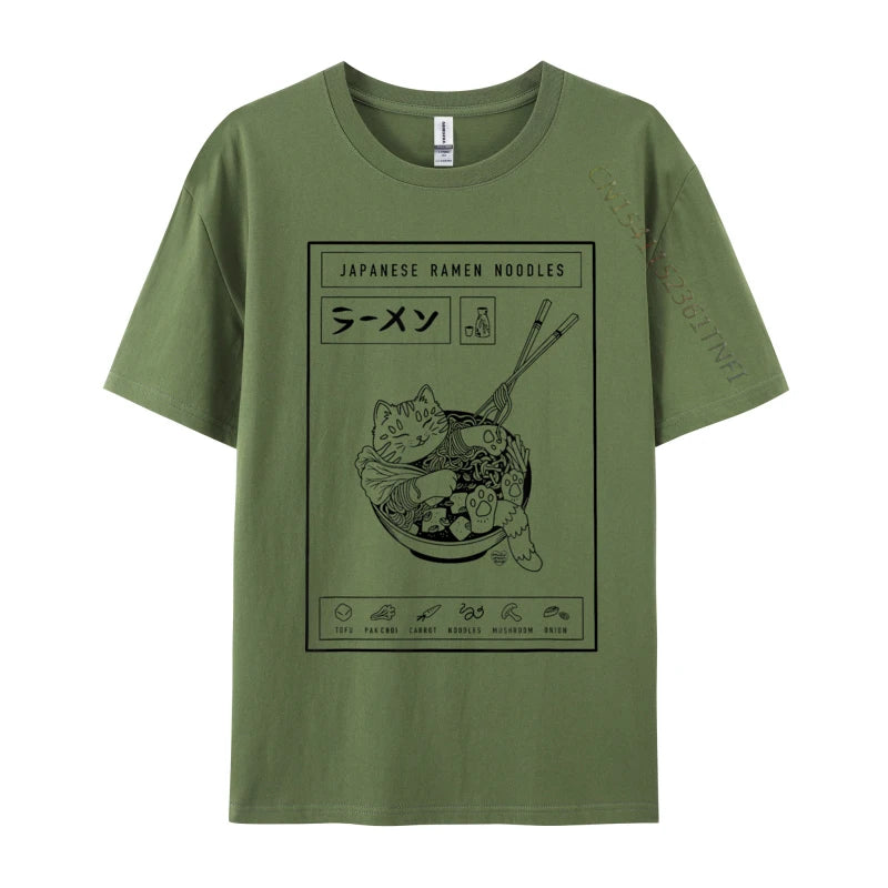 Green t-shirt with a graphic design of a kawaii cat in a ramen bowl on a white background