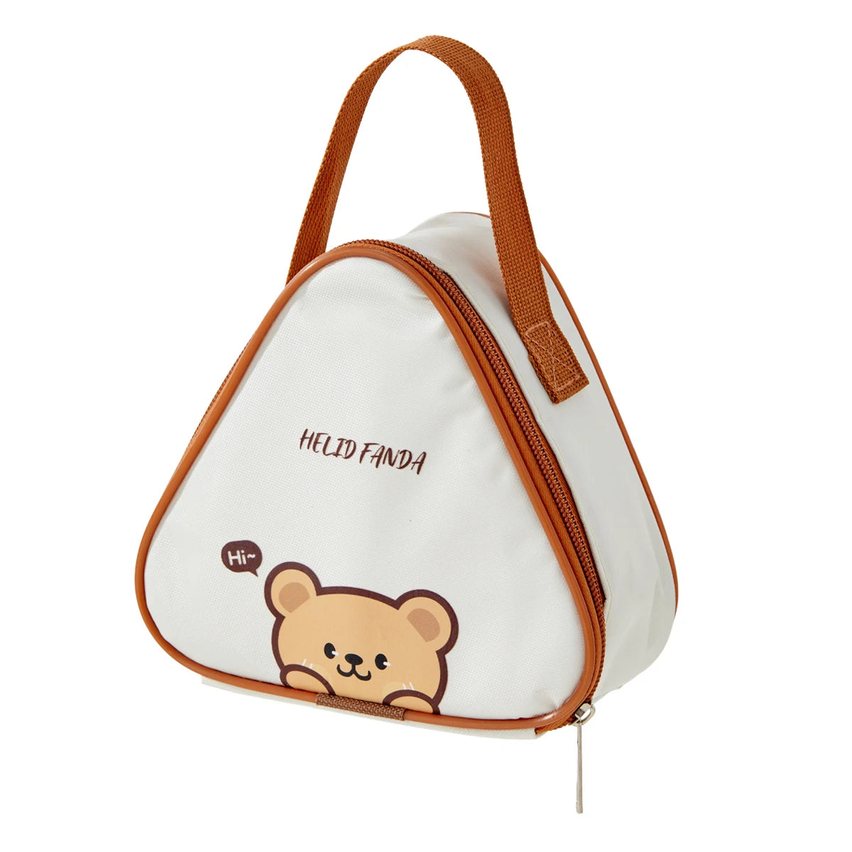 Triangle-shaped pouch with a kawaii bear design and 'HELLO FANDA' text on a white background