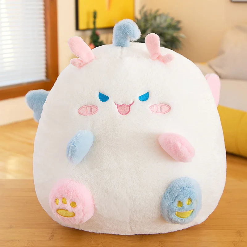 Cute kawaii plush toy with colorful face on a wooden surface