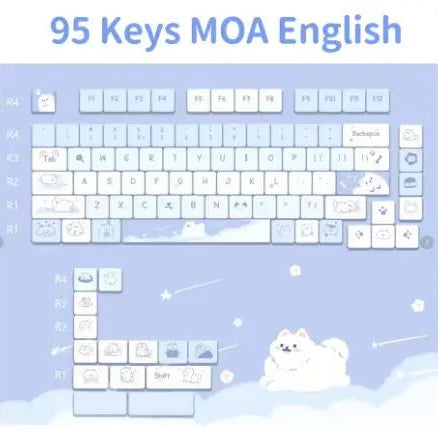 Keyboard layout with Kawaii cartoon characters on a blue background