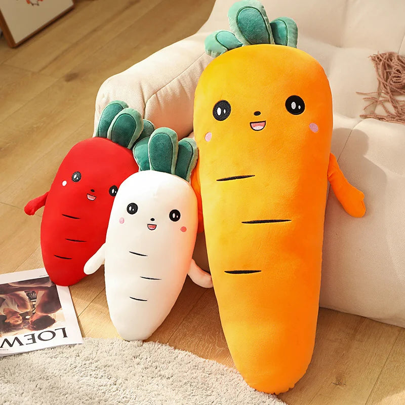 Three kawaii plush toys shaped like carrots on a wooden floor.
