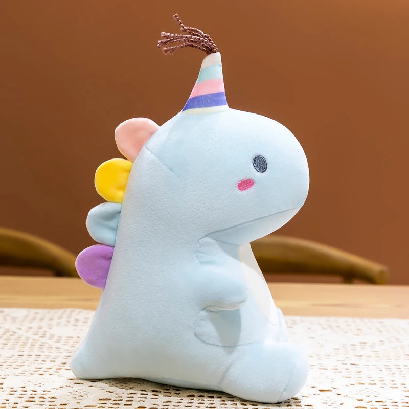 Kawaii plush toy with a colorful hat on a woven surface with a brown background
