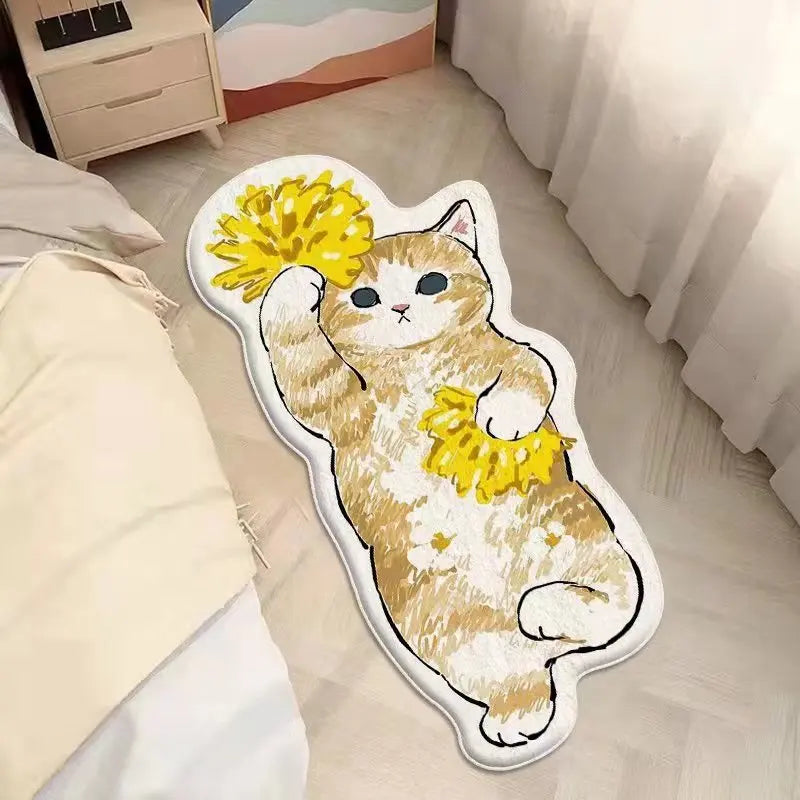 Decorative rug with a kawaii cat design holding flowers on a bed