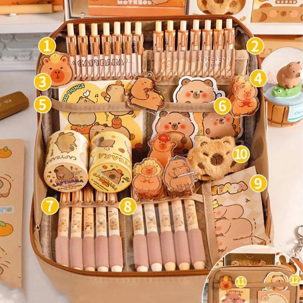 Stationery set with kawaii cartoon animal designs in a box