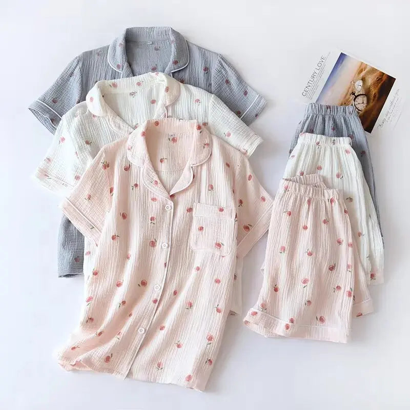 Set of matching pajamas with a kawaii floral pattern on a white background