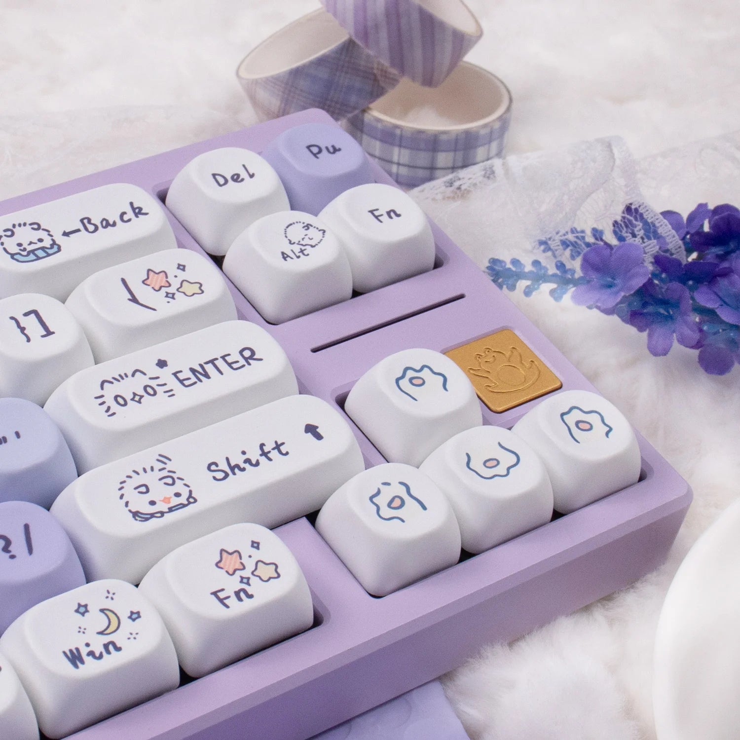 Purple Kawaii keyboard with white keys featuring cute illustrations on a soft surface with flowers.