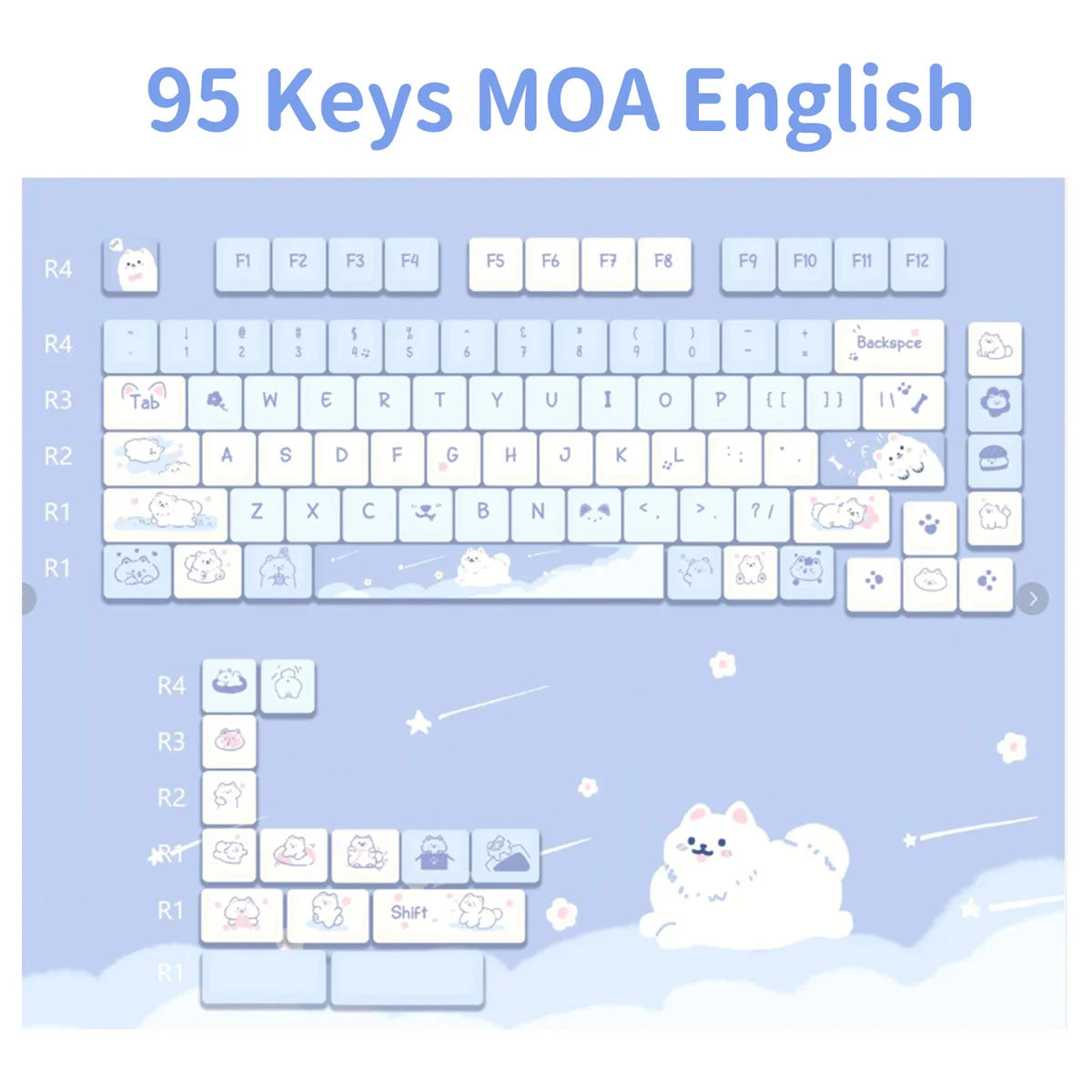 Keyboard layout with Kawaii cartoon characters on a light blue background