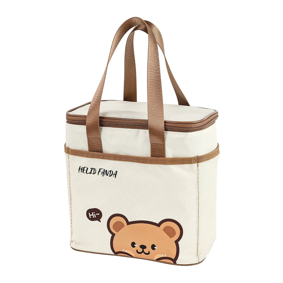 insulated bag with kawaii bear design and 'HELLO FANDA' text on a white background