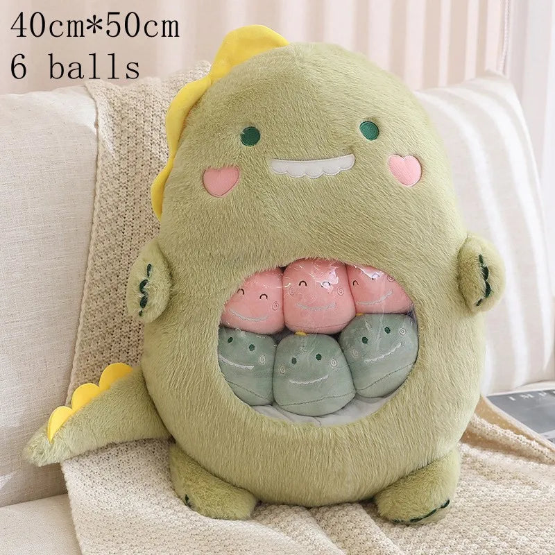 Kawaii plush toy with six small plush balls inside, sitting on a couch.