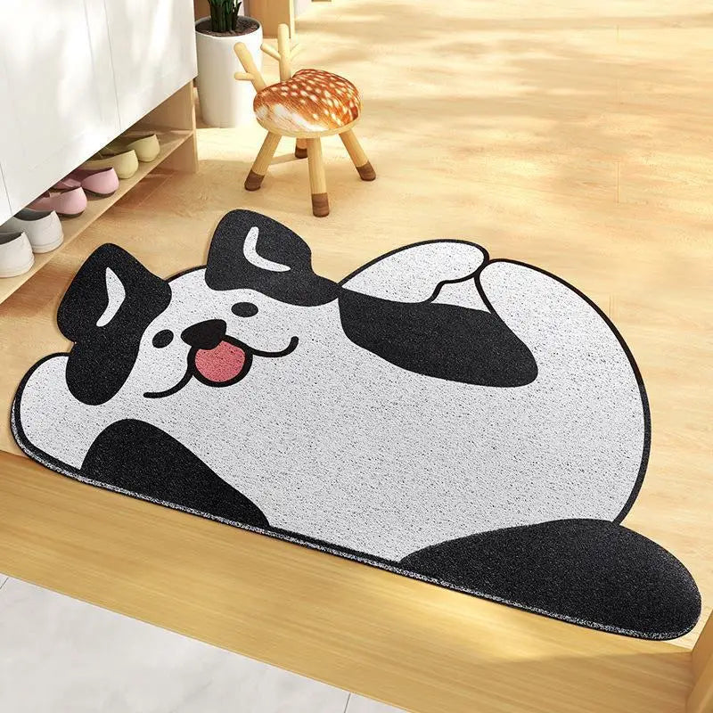 Kawaii dog-shaped rug on a wooden floor with a small stool in the background