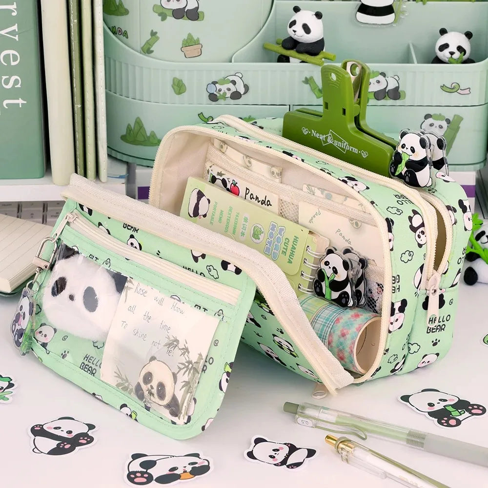 Pencil case with kawaii panda design on a white surface