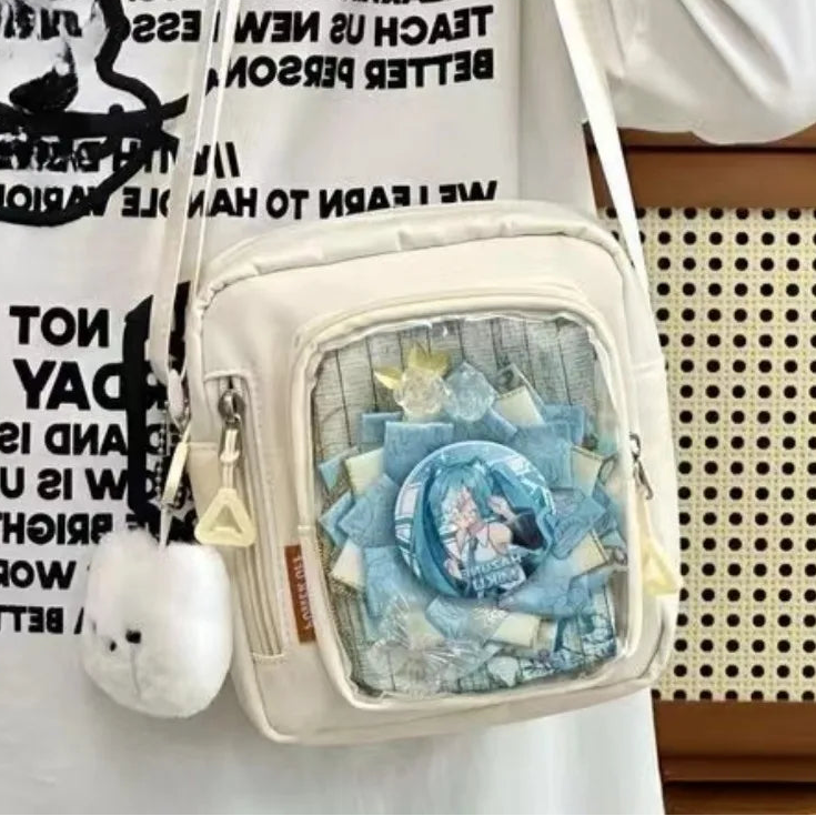 Small beige Kawaii crossbody bag with floral design on a white background